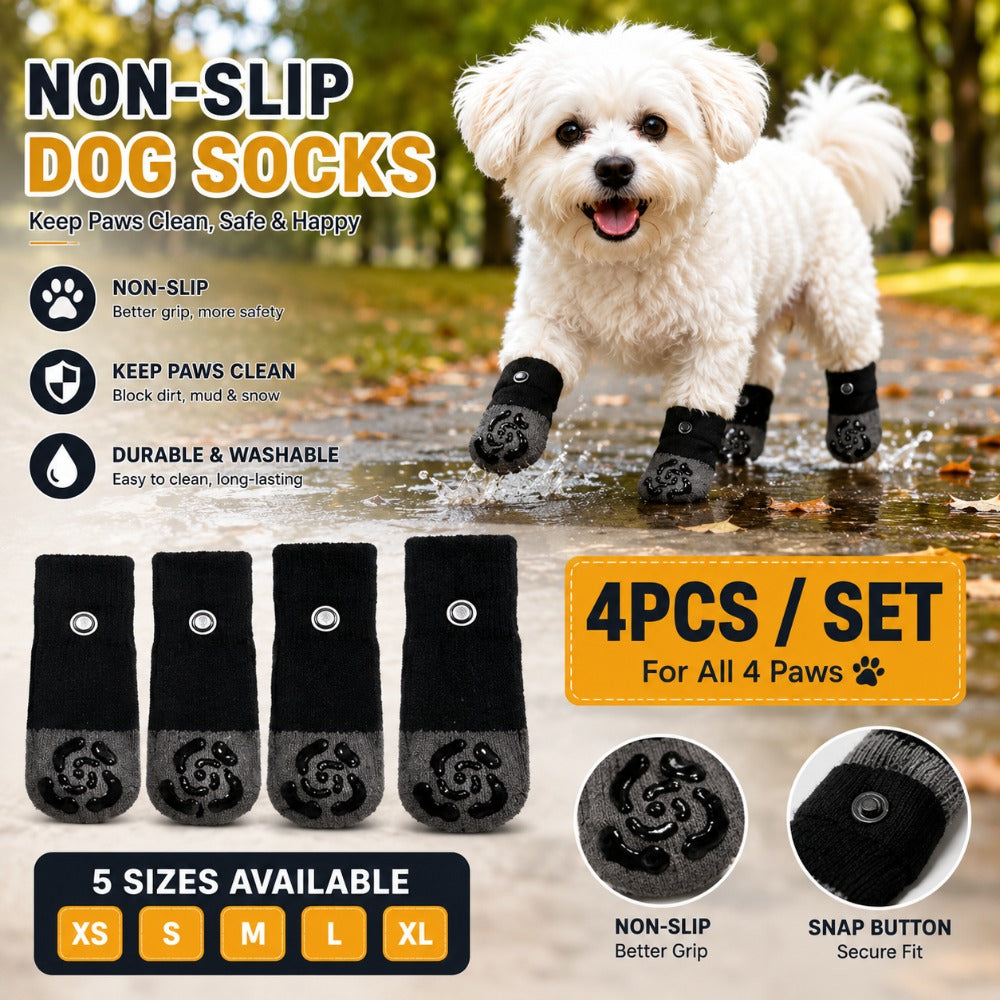 Dog Grip Socks with Snap Buttons and Adjustable Straps, 4 Black Breathable Paw Covers for Hardwood Floors, Non-Slip Pet Socks in XS-XL