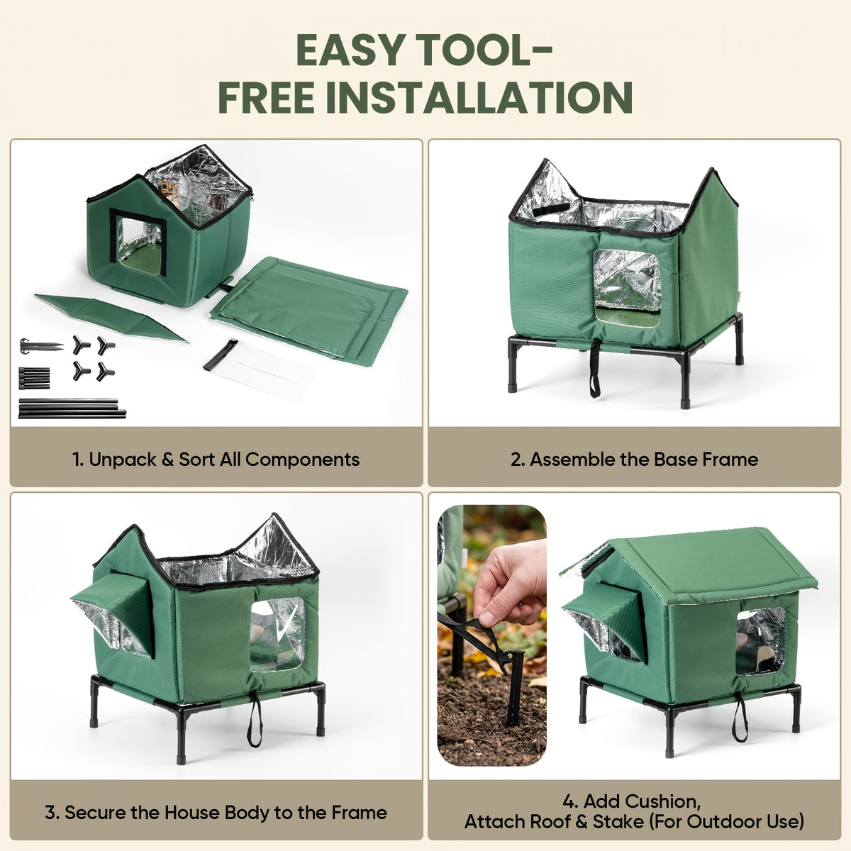 Insulated Outdoor Cat House, Weatherproof Shelter for Stray & Feral Cats, Army Green 17.7 x 15.7 x 21.6 in for Yard, Porch & Garage