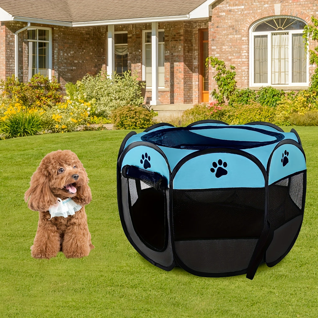Pet Travel Playpen with Mesh Windows and Zipper Door, Foldable Octagonal Oxford Cloth Tent for Dogs and Cats, Beige Gray or Blue Size Options