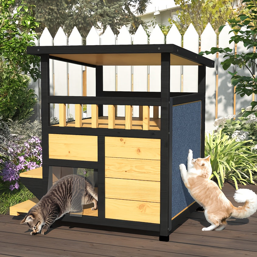 Two-Story Wooden Cat House in Yellow and Black, Indoor Pet Shelter and Apartment for Everyday Rest, Listed for Small and Medium Pets
