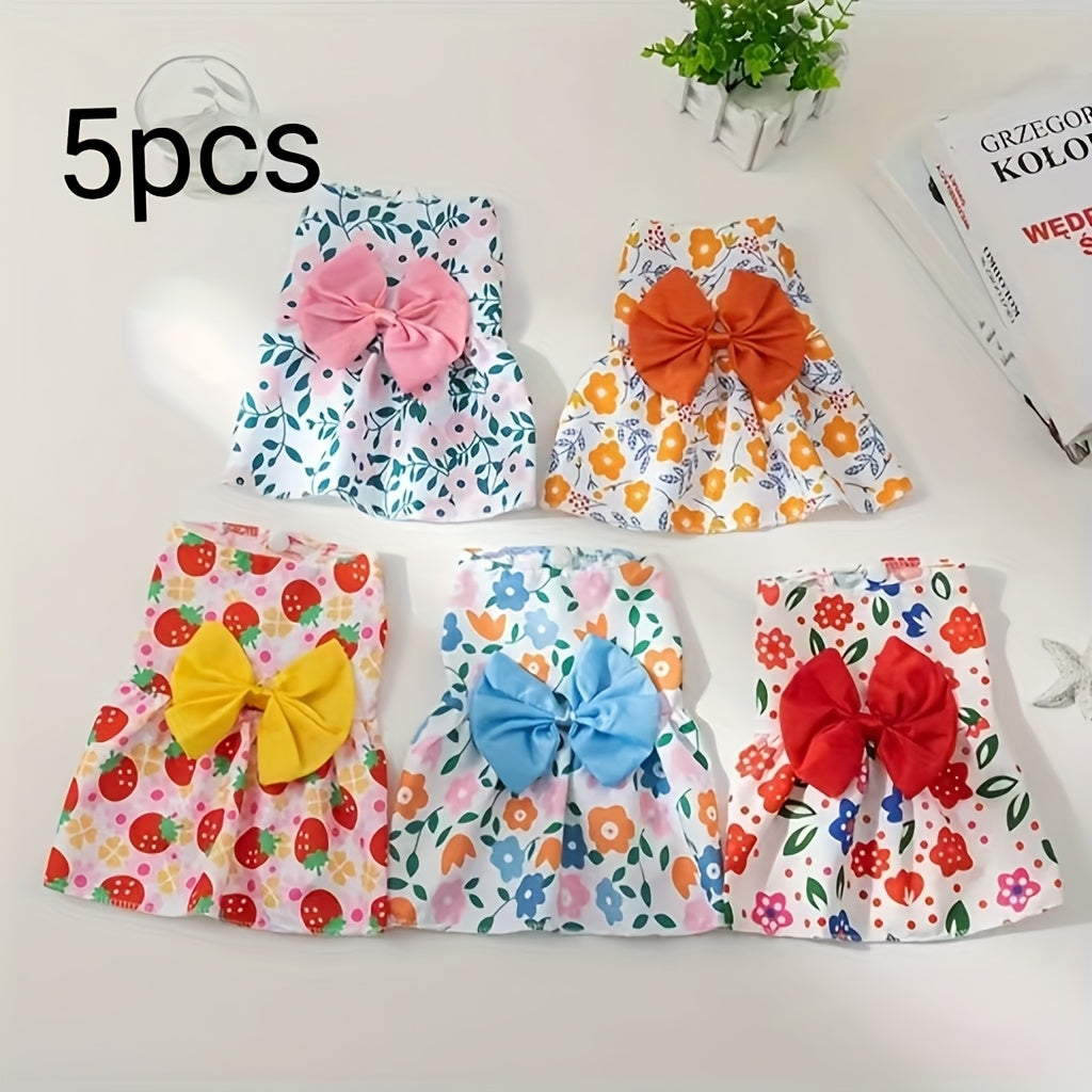 Dog Dress for Small Dogs Girls, 5 Pieces Pet Clothes Set with Bowknot Princess Dress and Flower Skirt, Cute Summer Outfits for Chihuahua Yorkshire Poodle Cats and Puppies, Breathable Puppy Apparel
