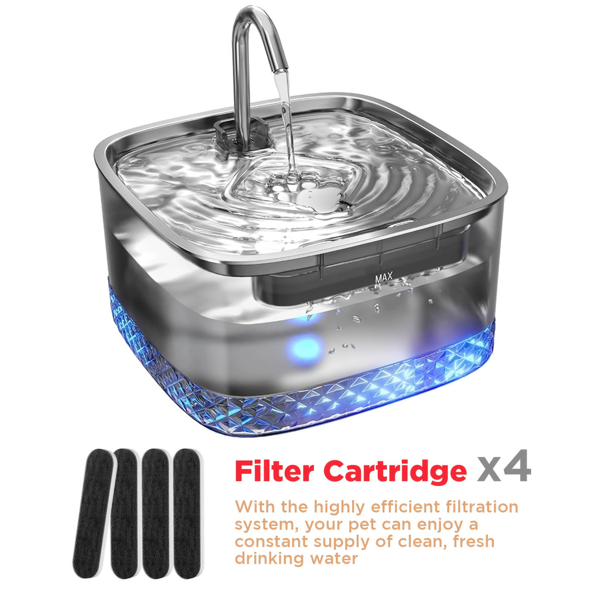 Cat Drinking Fountain 2.2L with Stainless Steel Lid and LED Light, Quiet Automatic Pet Water Dispenser for Indoor Cats and Small Dogs, Filter Bundle Options