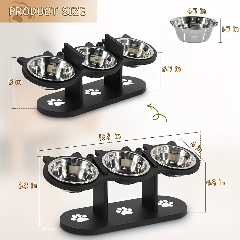 Adjustable Cat Bowl Stand with 3 Stainless Steel Bowls, 15 Degree Tilted Black Elevated Feeding Station with Cat-Ear Holders for Food and Water