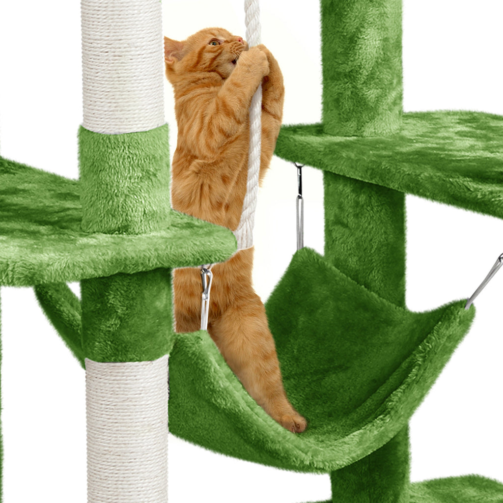 Cat Tree 63 Inch in Green, Multi-Level Indoor Cat Tower with Plush Condos, Hammock, Elevated Perches and Sisal Scratching Posts