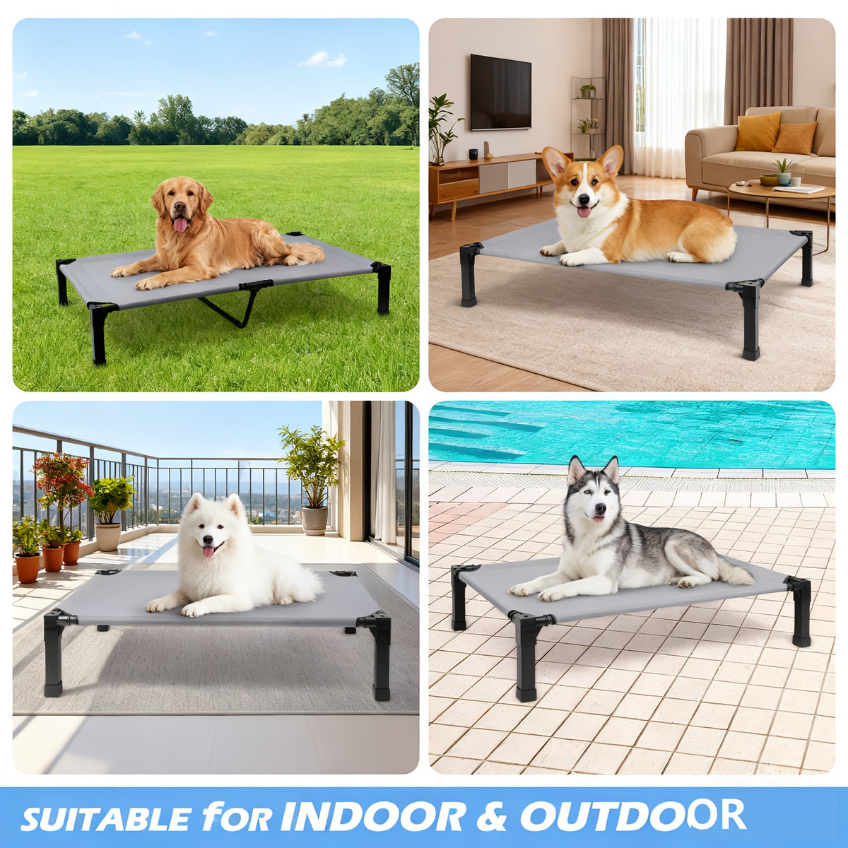 Raised Mesh Dog Bed with Metal Frame and Non-Slip Feet, Washable Breathable Pet Cot in 35 to 60 Inch Sizes for Indoor and Outdoor Lounging