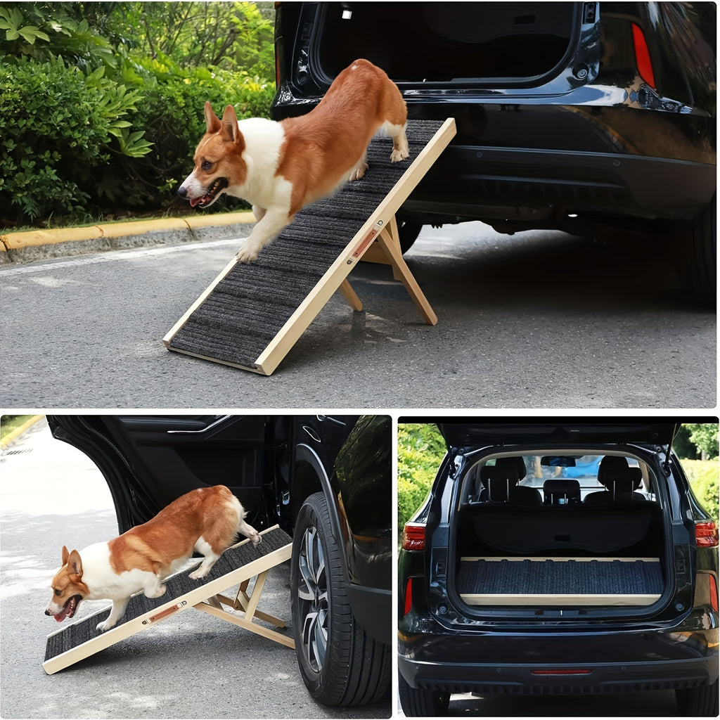 Dog Ramp with Guardrails for Bed and Couch Access, Adjustable Wooden Pet Climbing Ramp with Textured Traction Surface and Folding Support