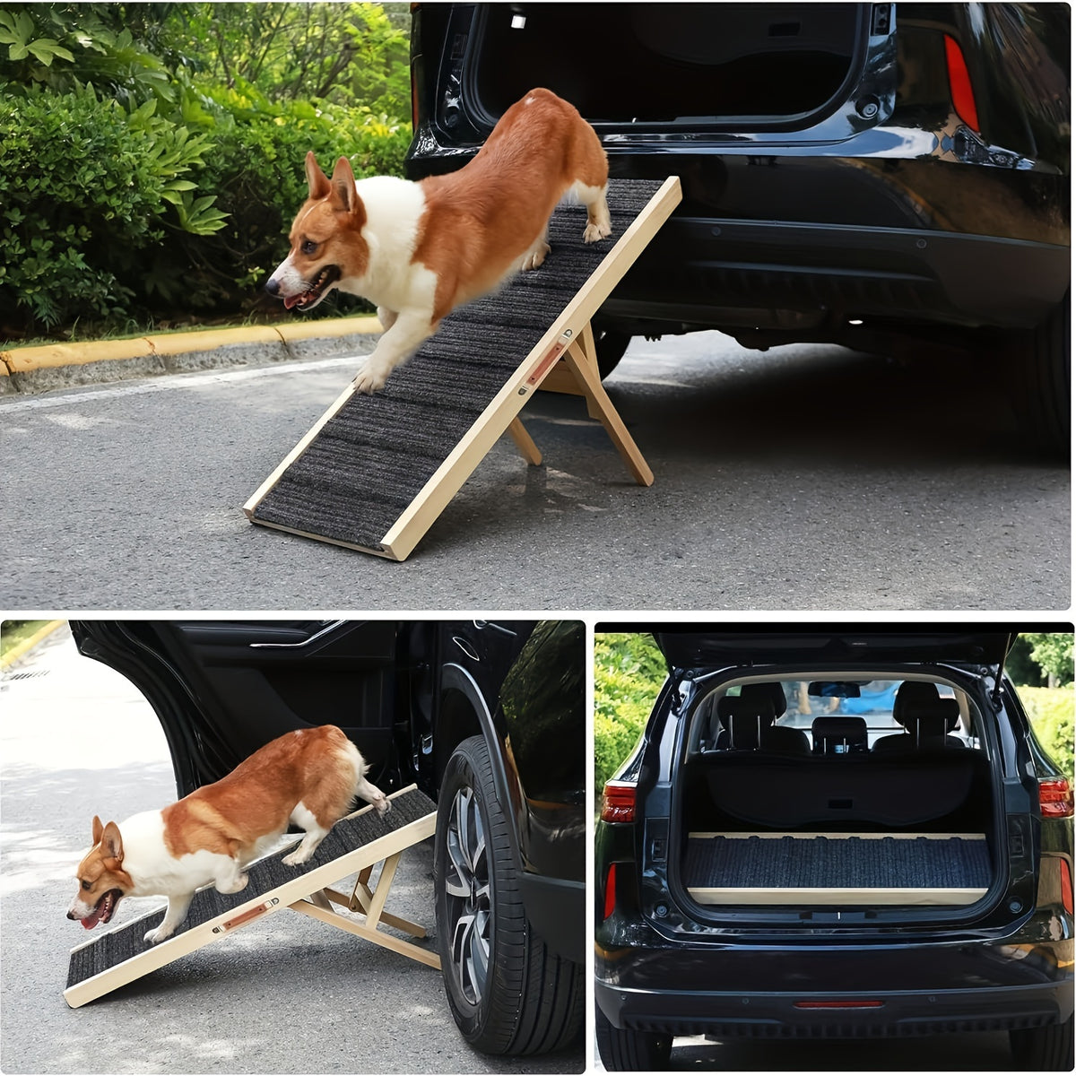 Dog Ramp with Guardrails for Bed and Couch Access, Adjustable Wooden Pet Climbing Ramp with Textured Traction Surface and Folding Support