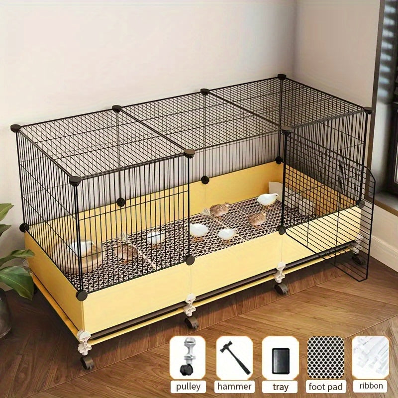 Rolling Poultry Cage 41.3 Inch with Yellow Lower Panels, Black Wire Mesh Enclosure, Front Access Door and Wheeled Base for Managed Bird Care
