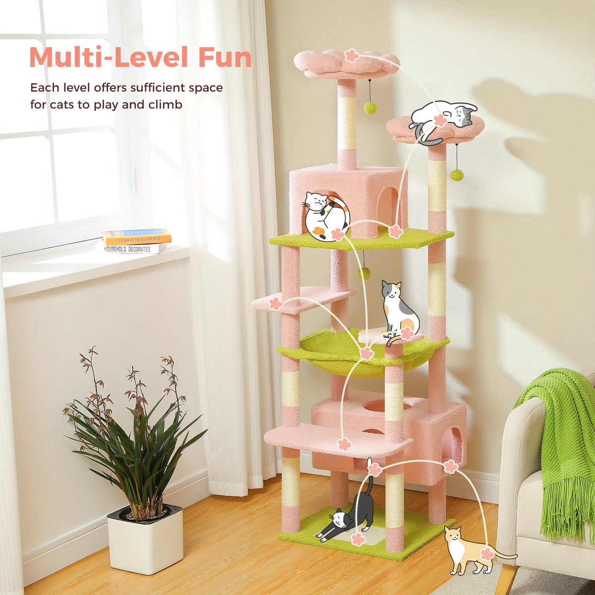 Cat Tree with Eight Levels, 72 Inch Indoor Cat Tower with Spacious Condo, Sisal Scratching Posts, Padded Perches and Basket for Rest and Play