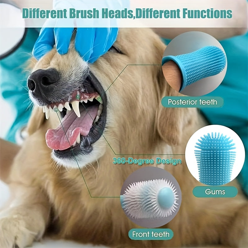 Dog Toothbrush Set, 3-Piece Silicone Pet Dental Care Kit with Finger Brush and Fine Bristle Brush, 360-Degree Design for Dogs and Cats