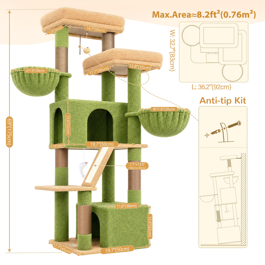 Large Cat Tree with Hammock, 69 Inch Indoor Cat Tower with Spacious Platform, 5 Scratching Posts and Sisal Scratching Board for Adult Cats