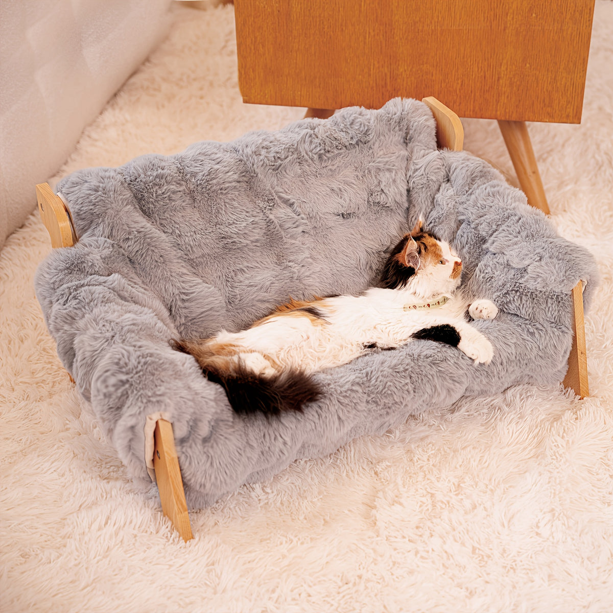 Pet Sofa Bed for Cats and Small Dogs, Elevated Lounge Furniture Listing with White, Grey and Bamboo Mat Style Options for Home Rest