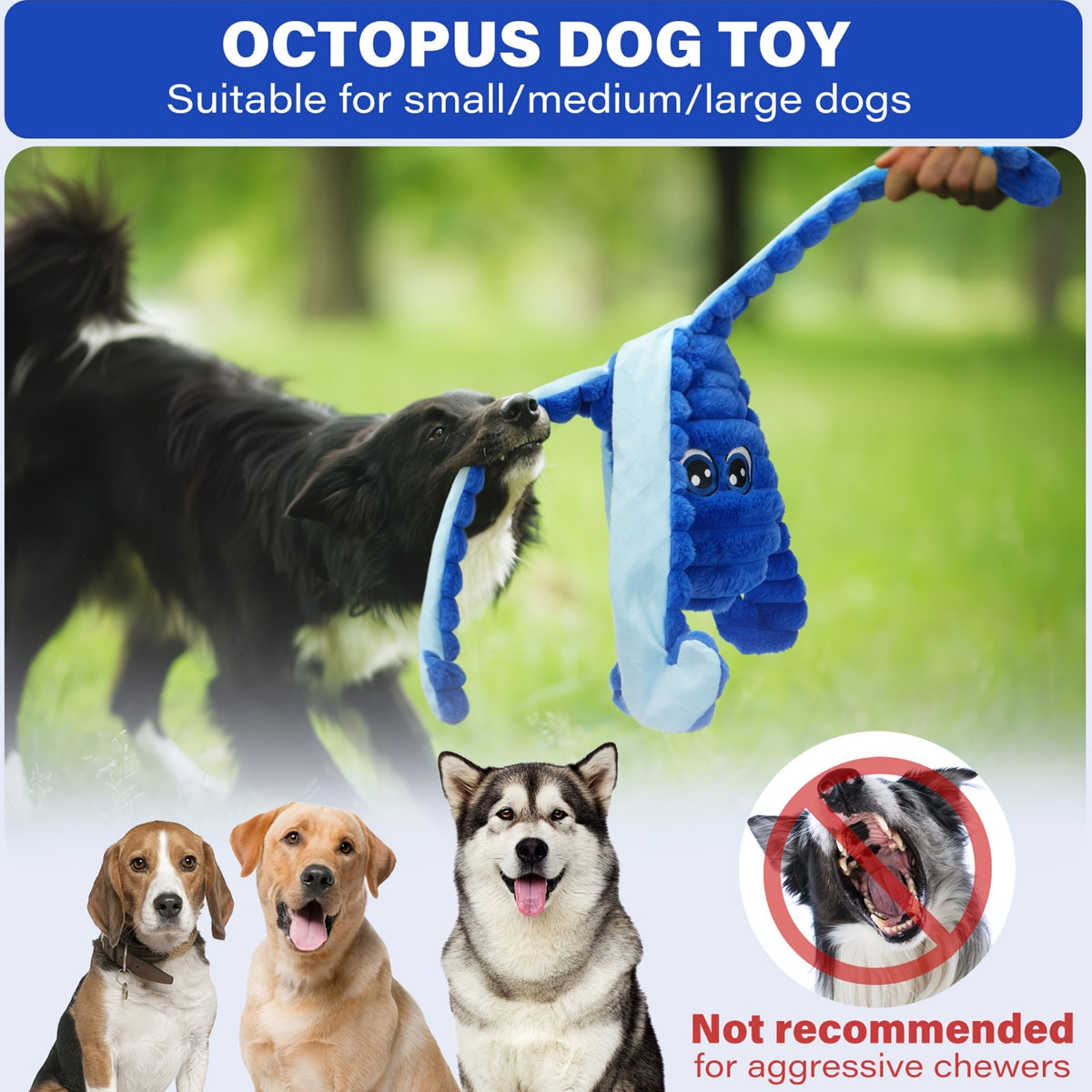 Blue Octopus Dog Toy with Squeaker and Crinkle Sounds, Plush Interactive Tug Toy for Larger Dogs, Supervised Gentle Chewing and Indoor Play