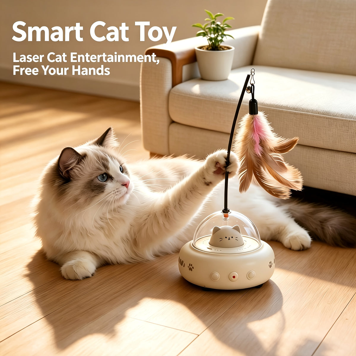 Automatic UFO Cat Toy, 3-in-1 USB Rechargeable Moving Toy with Built-In Laser and Detachable Feather Wand for Indoor Cats and Kittens