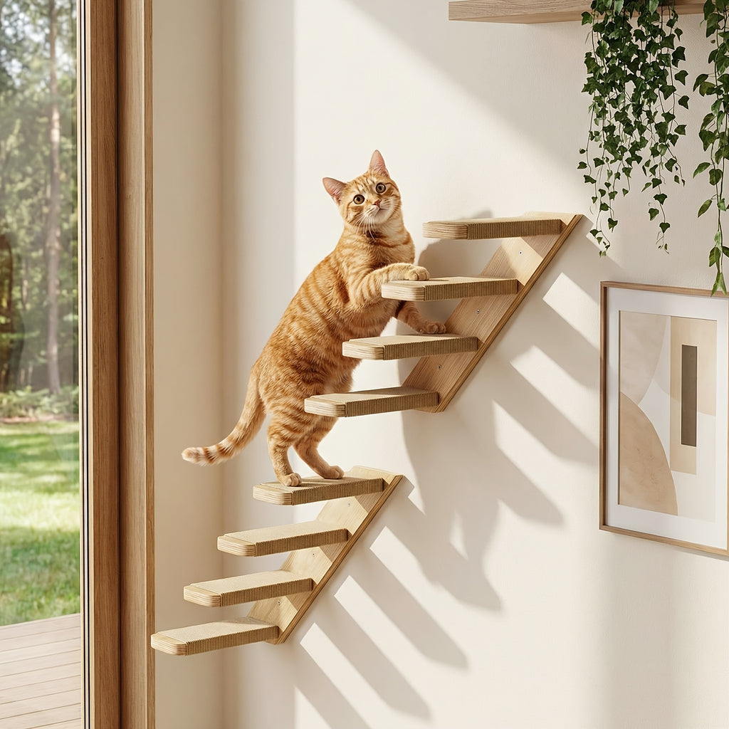 Wall Mounted Cat Steps and Hammock, 2 or 3 Piece Wooden Cat Wall Furniture with Felt Padding for Indoor Climbing, Scratching and Resting