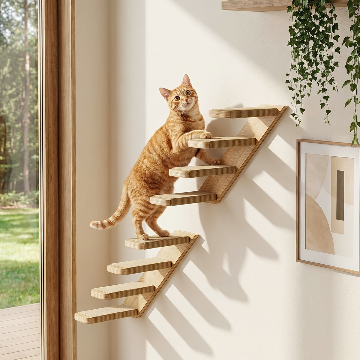 Wall Mounted Cat Steps and Hammock, 2 or 3 Piece Wooden Cat Wall Furniture with Felt Padding for Indoor Climbing, Scratching and Resting