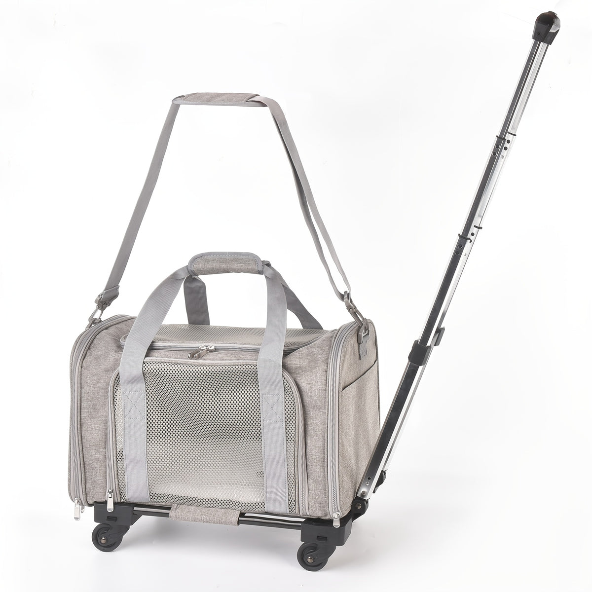 Pet Travel Carrier with Detachable Wheels, Retractable Pull Handle and Breathable Mesh, Soft-Sided Cat and Dog Bag for Vet Visits and Trips