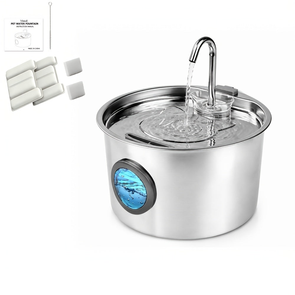 Dog Water Fountain 108oz 3.2L, 304 Stainless Steel Pet Drinking Dispenser with Round Water Level Window and 2, 4 or 8 Filter Bundles for Cats and Dogs