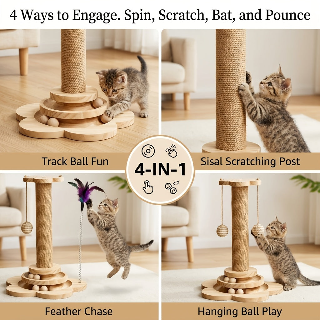 Kitten Scratching Post with Wooden Ball Track, Rope-Wrapped Indoor Cat Activity Toy with Hanging Balls and Feather Teaser, Post and DIY Accessory Options