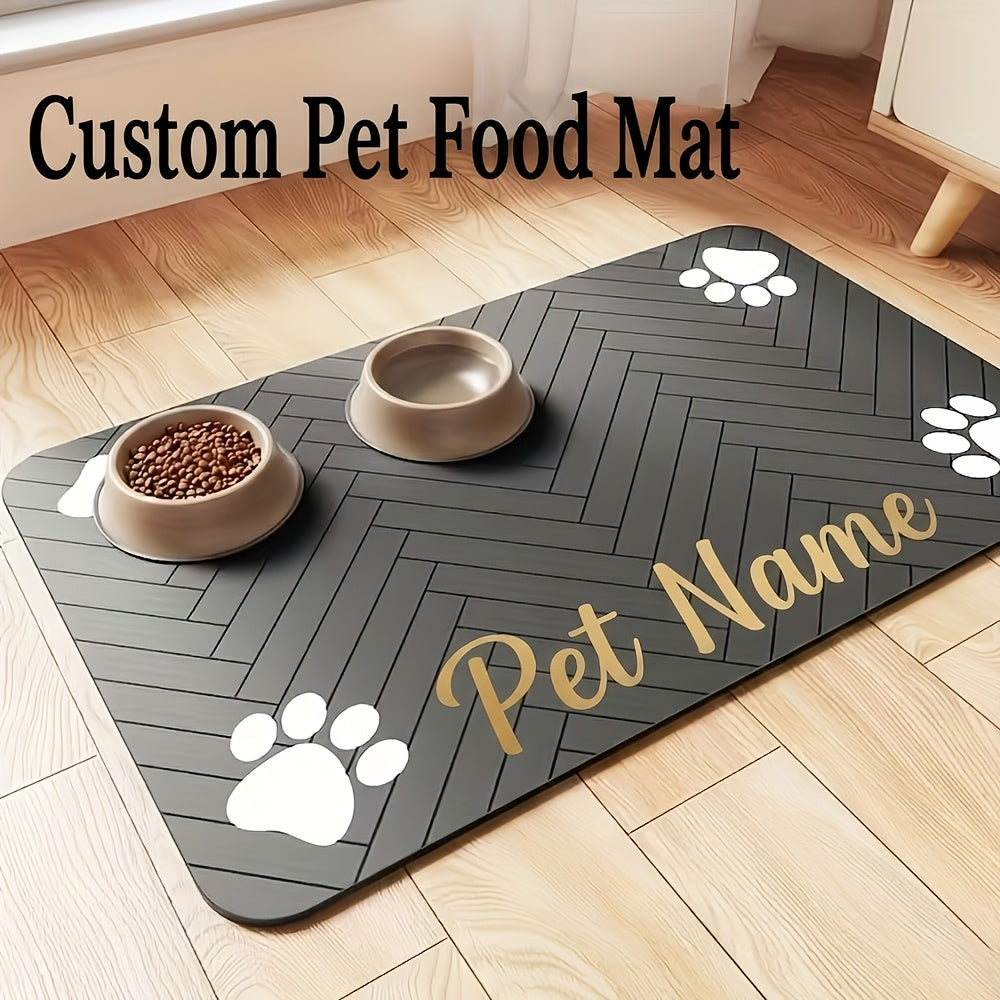 Personalized Pet Feeding Mat with Custom Name or Text, Non-Slip Absorbent Paw Print Bowl Mat for Indoor Dog and Cat Food Stations, Three Size Options