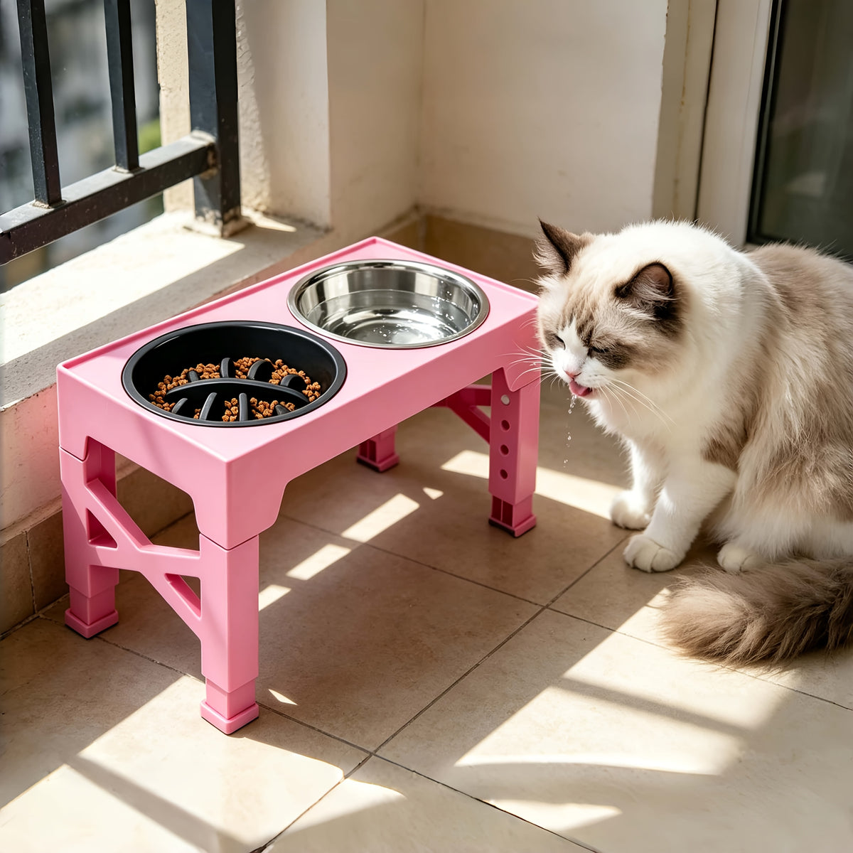 5-Height Dog Bowl Set with Foldable Adjustable Stand, Slow Feeder and Stainless Steel Bowl for Medium and Large Dogs, Black or Pink