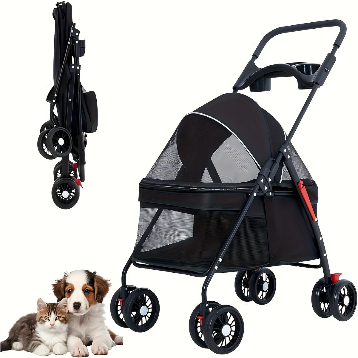 Dog and Cat Stroller in Black, Four-Wheel Pet Pushchair with Foldable Cage, Storage Basket and Cup Holder for Small to Medium Pets