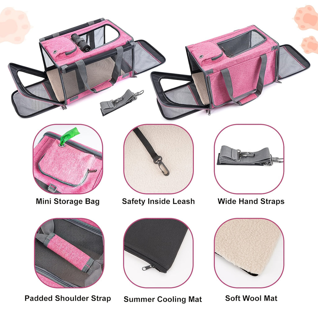 Cat Carrier Travel Set for Cats and Small Dogs, Soft-Sided Breathable Collapsible Pet Bag with Bowl, Collar or Pet Glove Bundle Options