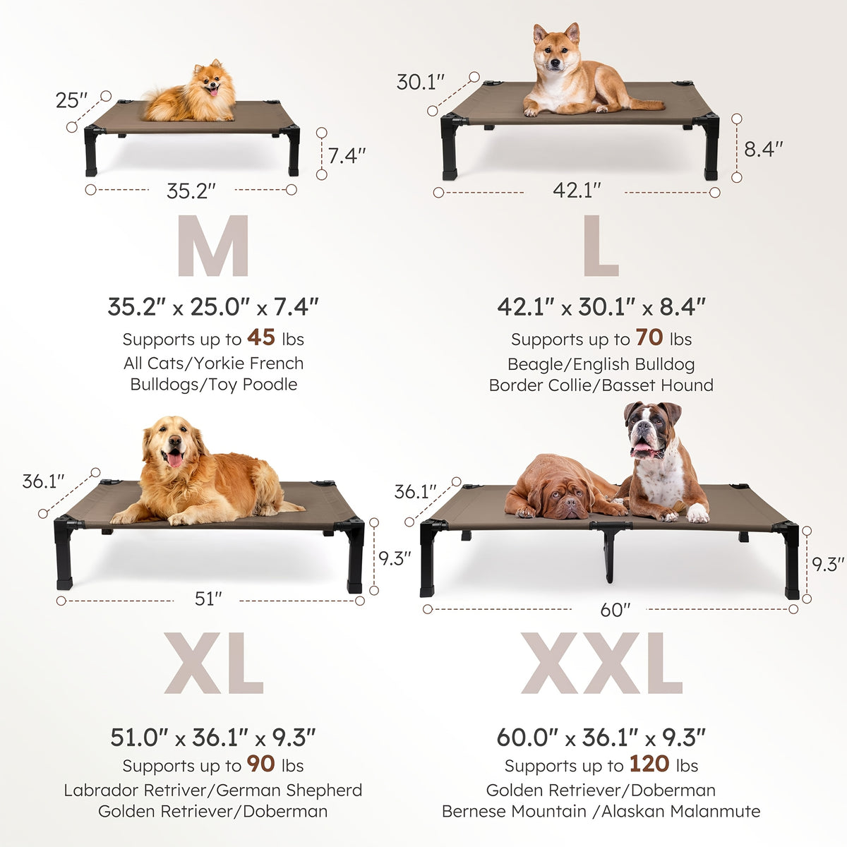 Elevated Dog Bed with Washable Mesh and Metal Frame, Raised Cooling Dog Cot with Non-Slip Feet, 35-60 Inch Options for Indoor and Outdoor Rest