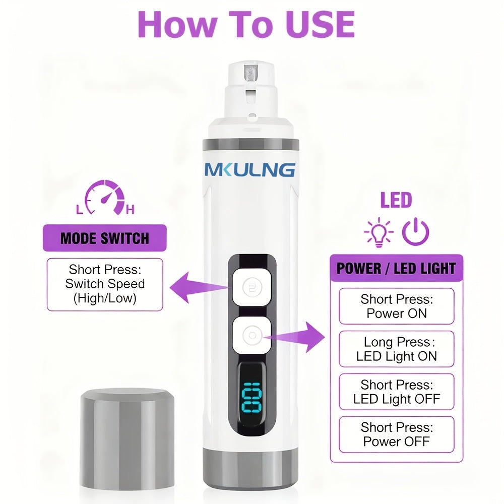 Dog Nail Grinder with LED Light, Quiet 3-Speed Rechargeable Pet Nail Trimmer with 3 Grinding Ports and Diamond Bit for Small, Medium and Large Dogs and Cats