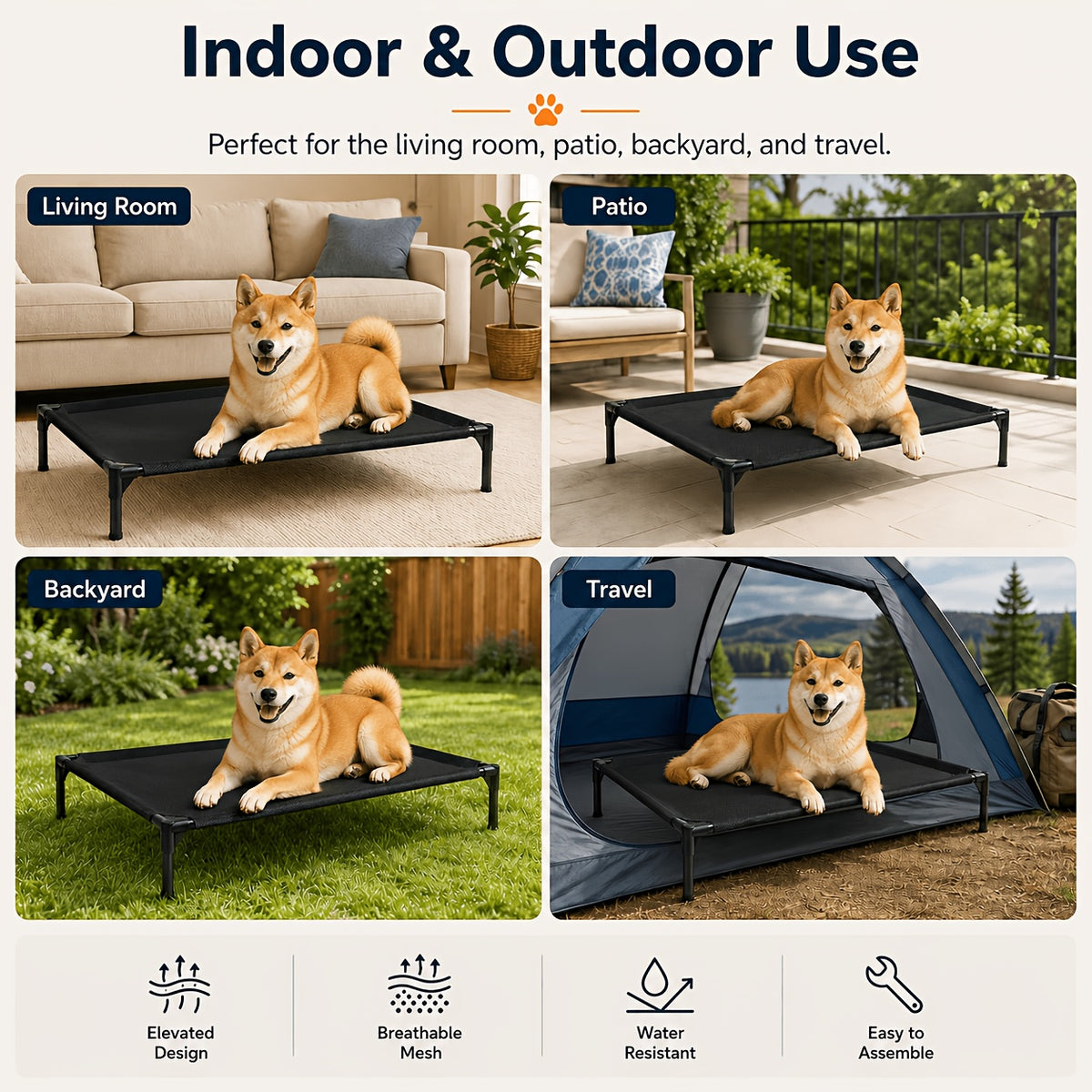 Elevated Dog Cot with Breathable Mesh, 19cm Raised Pet Bed with Metal Frame and Non-Slip Feet for Indoor, Patio and Camping Rest