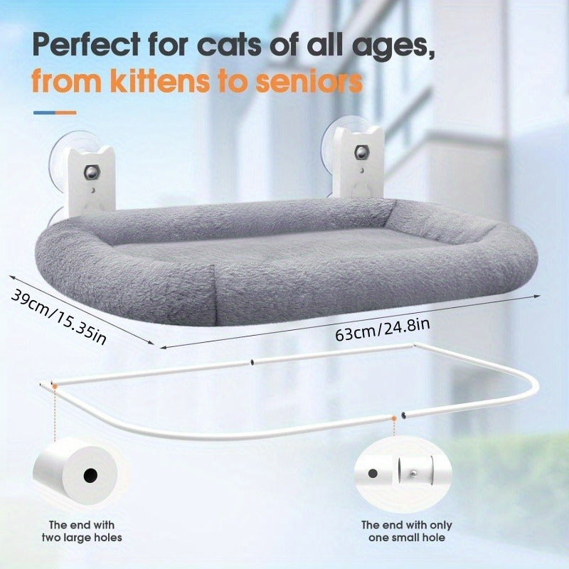 Folding Cat Window Perch with Plush Padded Bed, Cordless Metal Frame Hammock and 4 Suction Cups, 24.8 x 15.35 Inch Indoor Cat Lounger