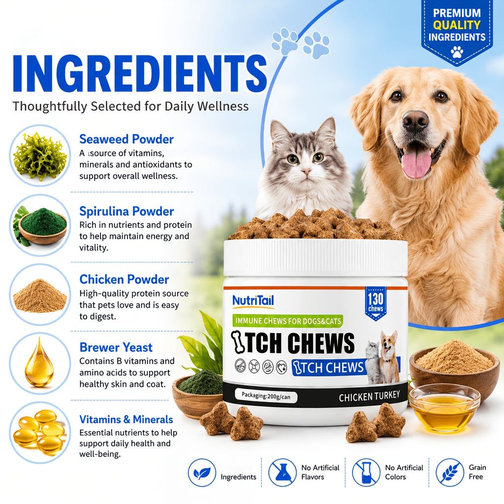 Pet Skin Care Chews for Dogs and Cats, NutriTail 200g Skin Chews with 130-Count Labeling, Probiotic and Quiet Moment Options for Daily Care