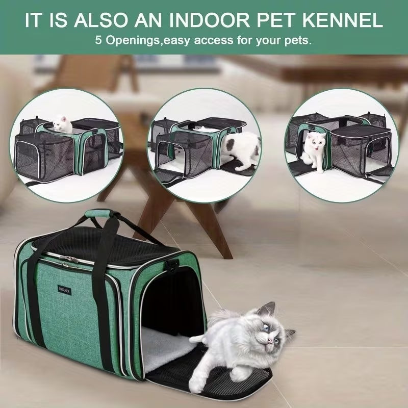 Expandable Cat Carrier Backpack with 3-Sided Expansion and 5-Sided Ventilation, Soft-Sided Foldable Pet Travel Bag with Plush Fleece Pad