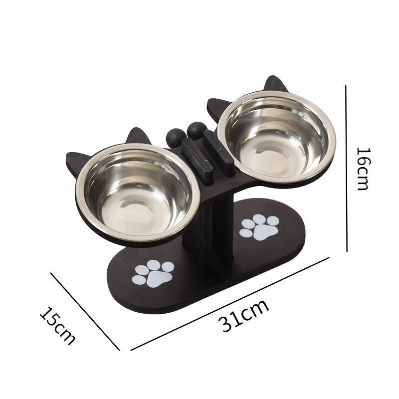 Adjustable Elevated Cat Bowls with 15 Degree Tilt, 2 or 3 Stainless Steel Food and Water Dishes on Black Stand, Standard or Widened Styles