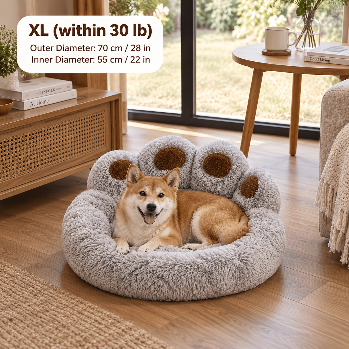 Plush Dog Bed with Bear Paw Shape, Soft Faux Fur Cat Sleeping Cushion with Non-Slip Bottom, Coffee Pink or Gray for Pets up to 30 lbs