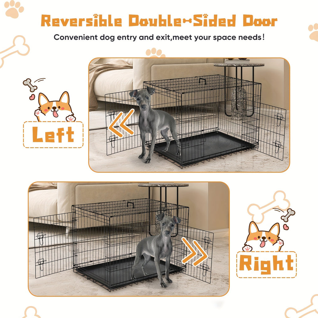 Double Door Dog Crate with Divider Panel, Folding Metal Wire Pet Kennel with Leak-Proof Plastic Tray in 24.41 or 30.31 Inch Sizes