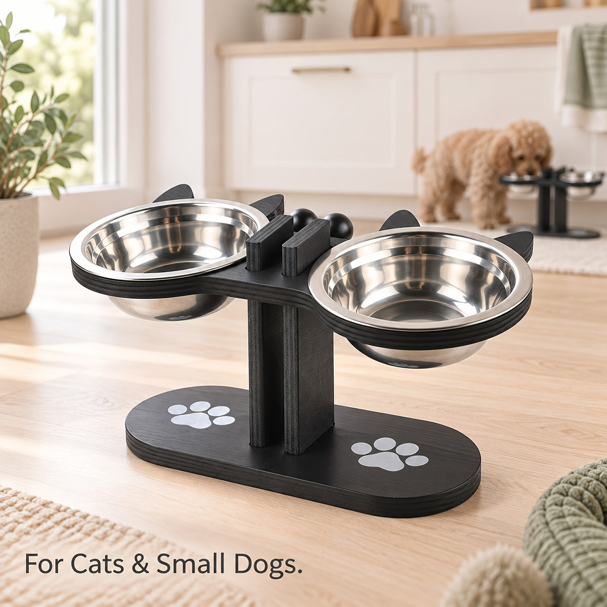 Double Cat Bowl Stand with Two Stainless Steel Dishes, 15 Degree Tilted Adjustable Black Wooden Feeder for Cat and Small Dog Food and Water