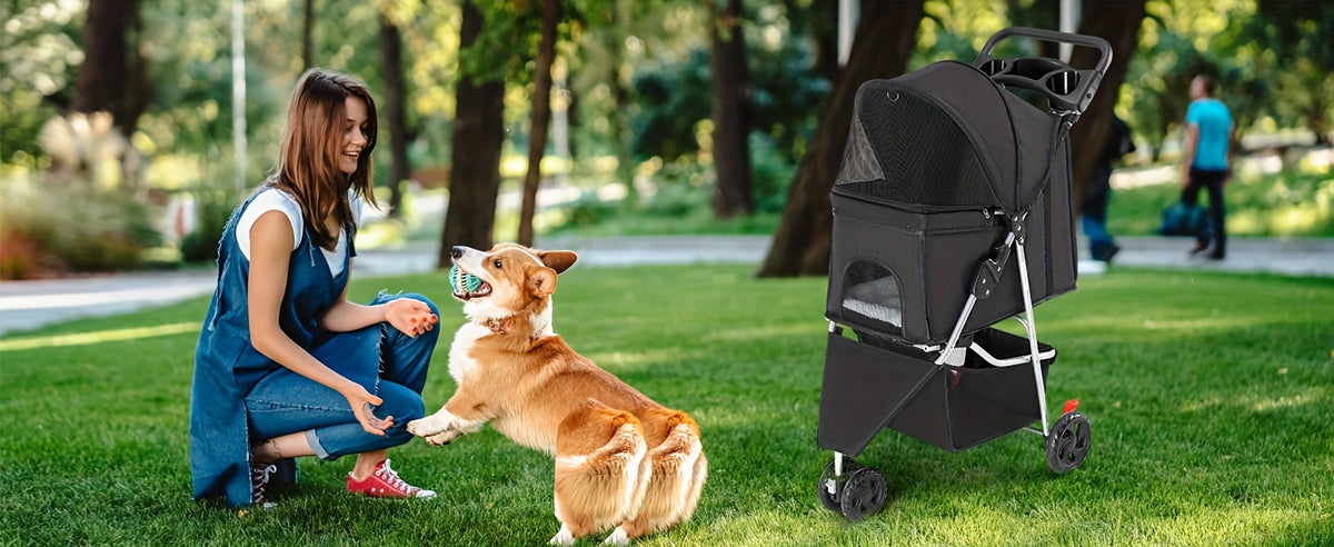 Pet Stroller with Swivel Front Wheel, Three-Wheel Foldable Dog and Cat Pushchair with Mesh Canopy, Storage Basket, Cup Holder and Weather Cover