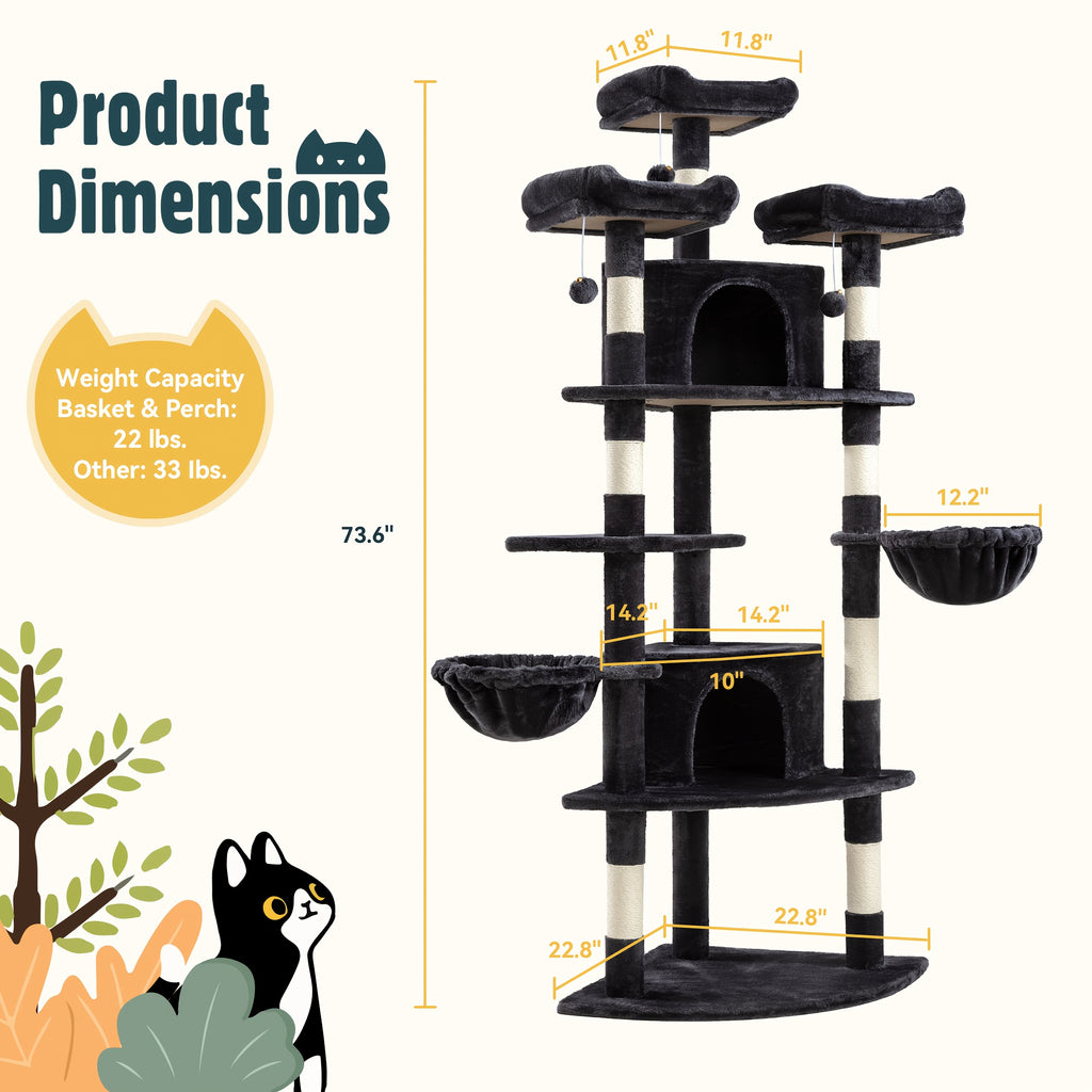 Cat Tree 73 Inch Fan-Shaped Tower for Indoor Cats with Plush Perches, Sisal Scratching Posts, Hammock and Baskets for Climbing and Rest