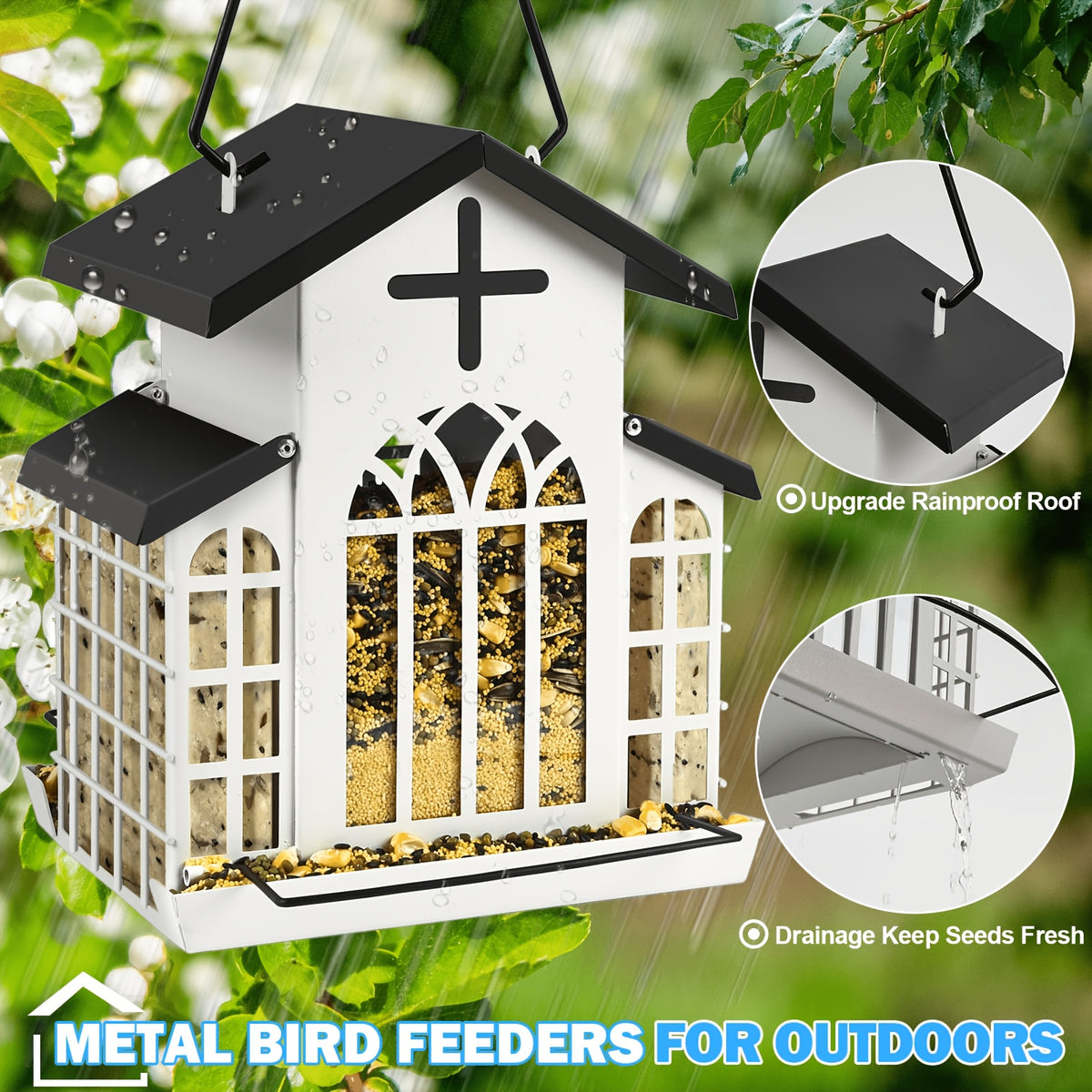 Vintage Metal Bird Feeder for Outside, Triple Mesh Seed Feeding Areas with Hanging Chains and Decorative Window Cut-Outs for Backyard Birdwatching