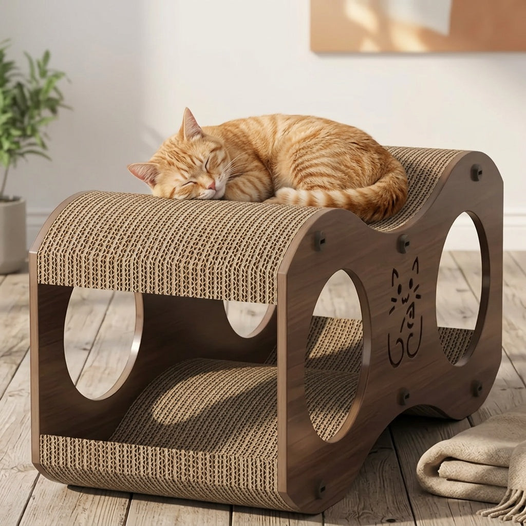 Cat Scratching Post with Integrated Bed and Woven Scratch Pad, Indoor Cat Lounging and Play Furniture with Cat Toy, Oak or Walnut Color Options