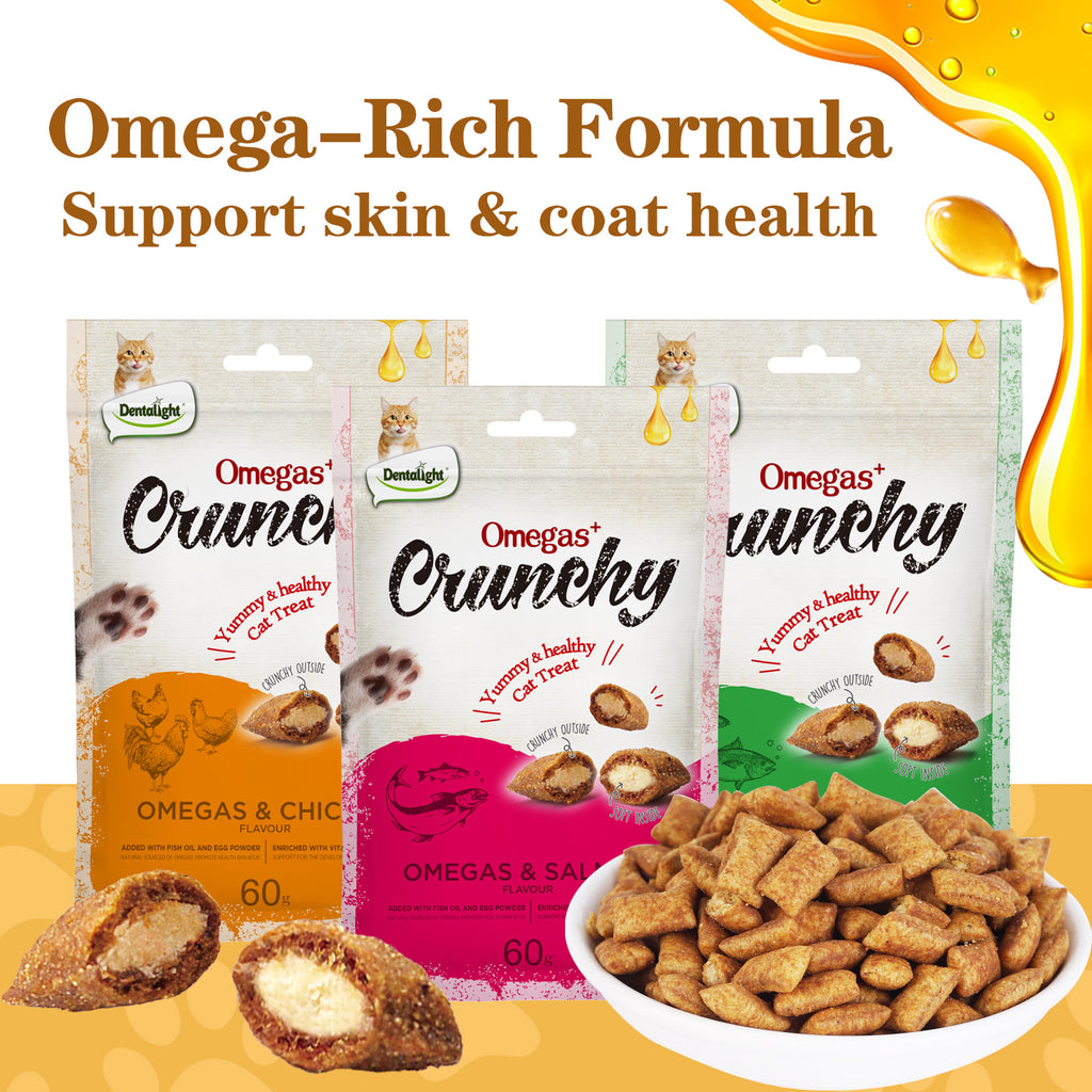 Crunchy Cat Treats with Soft Centers and Added Fish Oil, Three-Flavor Cat Biscuit Snack Pack, 60g x 3 Bags for Everyday Rewards and Treat Time