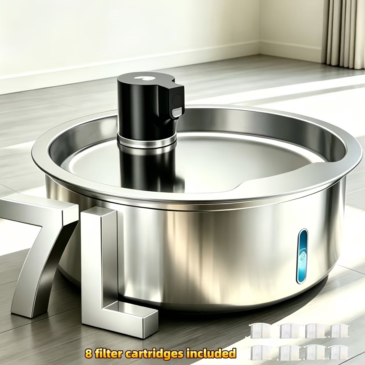 Pet Water Fountain 1.85 Gallon with Filter Bundles, Stainless Steel USB Powered Drinking Dispenser for Cats and Dogs, 5, 8 or 15 Cartridges