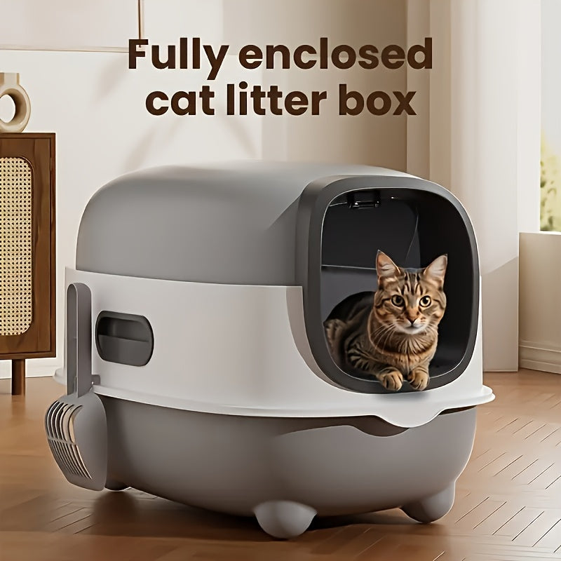 Cat Litter Box with Drawer and Scoop, Fully Enclosed Front-Entry Kitty Toilet for Small to Medium Cats, Easy-Clean Hood in Blue, Gray or Purple
