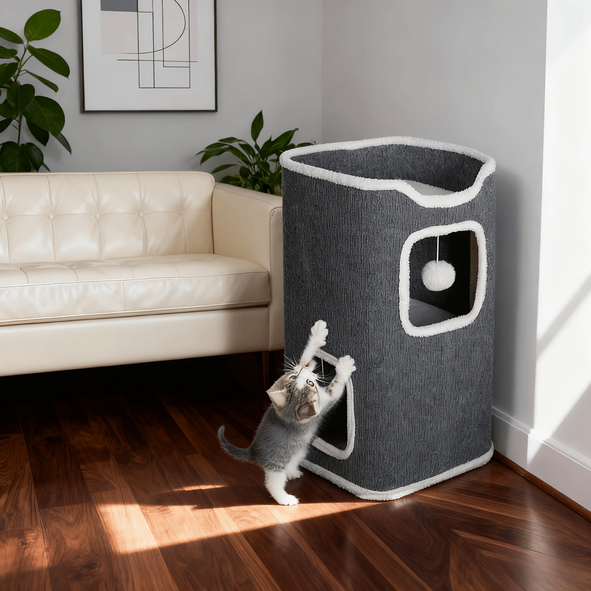Cat Tree with Three-Layer Foldable Tower, Indoor Cat Condo with Cozy Top Bed, Hanging Ball Toys and Scratch-Resistant Surface for Small Spaces