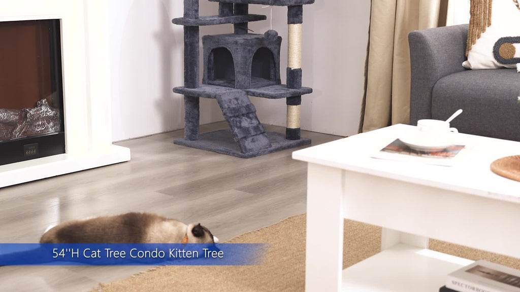 Cat Tree with Twin Hideaways, 54 or 62 Inch Dark Gray Indoor Cat Tower with Two Condos, Three Scratching Posts and Dangling Balls for Play and Rest