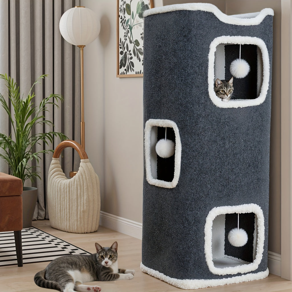Cat Hideaway Tower with Felt Exterior and Particle Board Frame, Indoor Cat Condo Furniture in One, Three or Four Layers with Optional Bell Ball Bundles