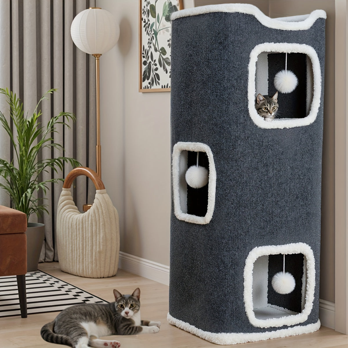 Cat Hideaway Tower with Felt Exterior and Particle Board Frame, Indoor Cat Condo Furniture in One, Three or Four Layers with Optional Bell Ball Bundles