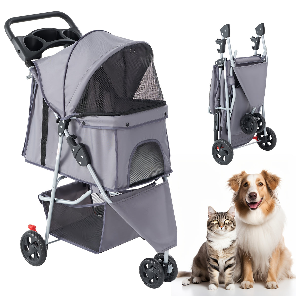 Pet Stroller with Swivel Front Wheel, Three-Wheel Foldable Dog and Cat Pushchair with Mesh Canopy, Storage Basket, Cup Holder and Weather Cover