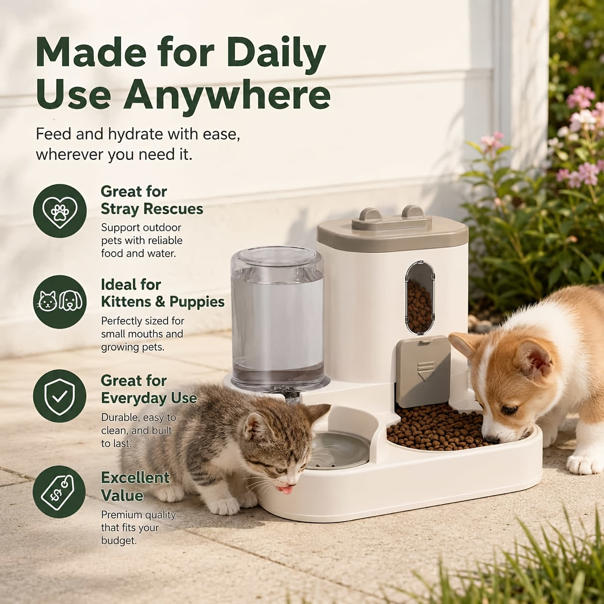 Automatic Pet Feeder 2-in-1 for Cats and Dogs, Non-Electric Space-Saving Feeding Station for Daily Pet Care in Pink, Grey or Light Yellow